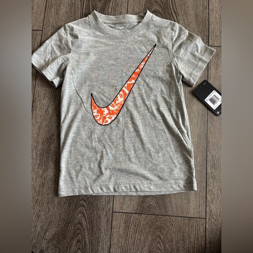Nike Kids Heather Gray Tee with Vibrant Orange Swoosh